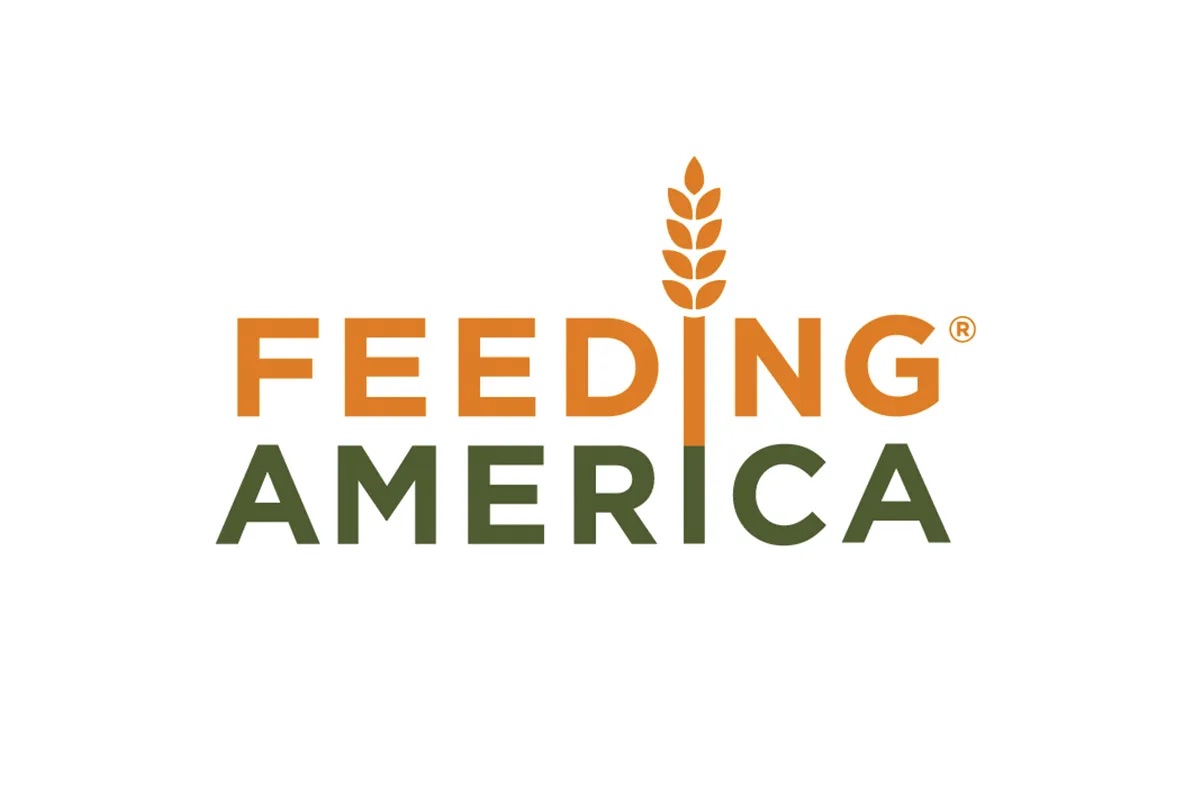 Feeding America logo: orange and green text, wheat stalk as 