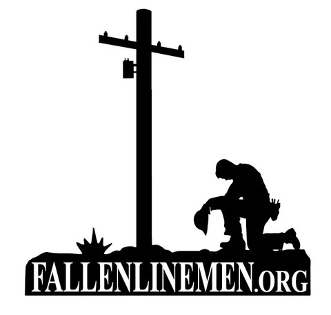 Lineman kneels by utility pole; helmet and FALLENLINEMEN.ORG below.