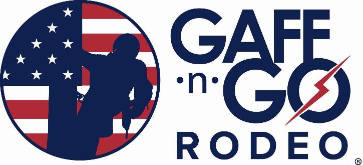 Gaff-n-Go Rodeo logo: lineman silhouette, US flag, lightning bolt.