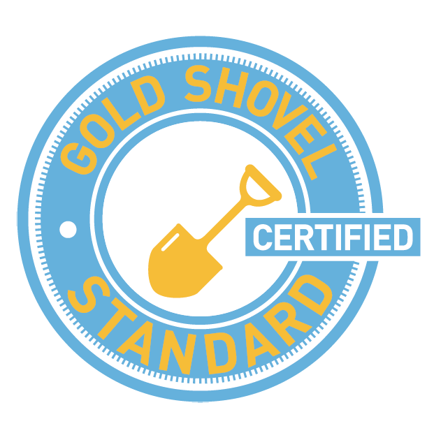 Blue and white badge with yellow shovel, reads “Gold Shovel Standard Certified.”