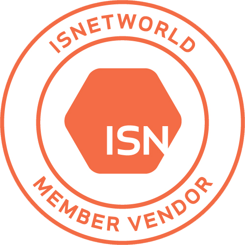 Orange and white badge, ISNETWORLD MEMBER VENDOR, ISN in center.